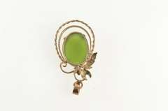 14K Yellow Gold Oval Green Nephrite Jade Swirl Floral Motif Pendant