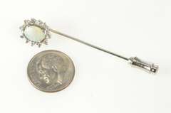 10K White Gold Oval Natural Opal Diamond Halo Stick Pin
