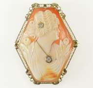 14K Yellow Gold Victorian Diamond Inset Carved Lady Cameo Pendant/Pin