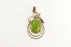 14K Yellow Gold Oval Green Nephrite Jade Swirl Floral Motif Pendant