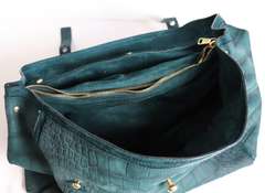 YSL Two Muse Green Croc Embossed Shoulder Bag