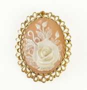 14K Yellow Gold Rose Floral Carved Shell Ornate Cameo Pendant/Pin
