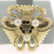Pretty Yellow Gold Pearl and Garnet Brooch