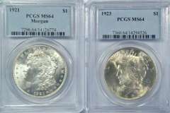 PCGS MS64 graded 1921 Morgan & 1923 Peace Silver Dollar
