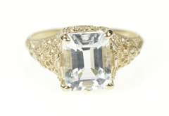 14K White Gold Blue Topaz Art Deco Filigree Statement Ring