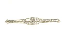14K White Gold Art Deco Geometric Filigree Diamond Bar Pin/Brooch