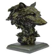 Wolf Head Bust Wild Life Figurine Marble Base Bronze Statue