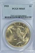 Gem BU 1922 Peace Silver Dollar. PCGS MS65