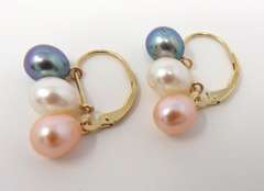 Fabulous 14kt YG 3-Pearl Dangle Lever Back Earrings