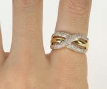 14K Yellow Gold Pave Diamond Encrusted Tiered Criss Cross Ring