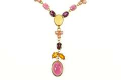 18K Yellow Gold Tourmaline Citrine Floral Drop Statement Necklace