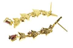 14K Yellow Gold Tiered Leaf Vine Dangle Garnet Statement Earrings