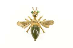 14K Yellow Gold Pear Nephrite Emerald Fly Bug Insect Retro Pin/Brooch