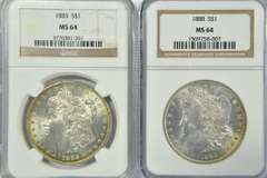 Super nice 1885 & 1888 Morgan Silver Dollars. NGC MS64