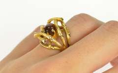 14K Yellow Gold Tiger's Eye 1960's Bamboo Statement Cocktail Ring