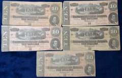 Lot of 5 Confederate Circulated  1864 Ten Dollar  Notes