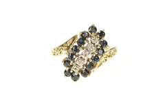 10K Yellow Gold Diagonal Diamond Sapphire Halo Cluster Bypass Ring