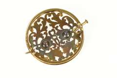 14K Yellow Gold 1940's Diamond Inset Scrollwork Round Pin/Brooch