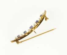 14K Yellow Gold Victorian Seed Pearl Syn. Sapphire Moon Pin/Brooch