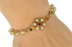 14K Yellow Gold Retro Ornate Opal Garnet Cluster Statement Bracelet