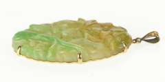 14K Yellow Gold Ornate Oval Carved Jadeite Flower Floral Motif Pendant