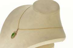 14K Yellow Gold Oval Green Nephrite Jade Swirl Floral Motif Pendant