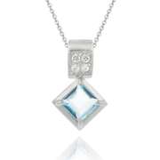 Sterling Silver 2.15ct Blue Topaz & Pave CZ Princess Cut Pendant