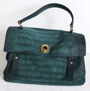 YSL Two Muse Green Croc Embossed Shoulder Bag