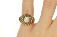 10K Yellow Gold Retro Rope Leaf Twist Pearl Cocktail Statement Ring