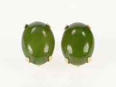 14K Yellow Gold 1960's Retro Nephrite Jade Cabochon ScrewBack Earrings