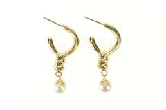 14K Yellow Gold Retro Twist Semi Hoop Pearl Drop Dangle Earrings