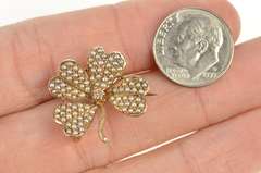 10K Yellow Gold Seed Pearl Encrusted Diamond Shamrock Pin/Brooch