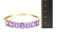 14K Yellow Gold Emerald Cut Amethyst Diamond Inset Bangle Bracelet