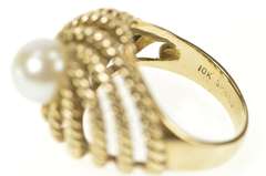 10K Yellow Gold Retro Rope Leaf Twist Pearl Cocktail Statement Ring