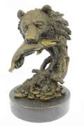 Bear Head Bust with Fish Bronze Sculpture