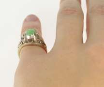 14K White Gold Oval Jade Diamond Accent Ornate Scroll Design Ring