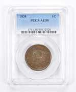 AU58 1838 Young Head Large Cent - Graded PCGS
