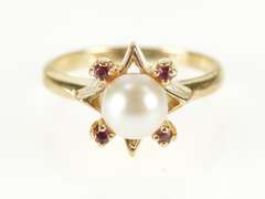 10K Yellow Gold Retro Pearl Ruby Star Cluster Statement Ring