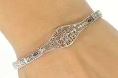 10K White Gold Diamond Syn. Sapphire Ornate Art Deco Bracelet