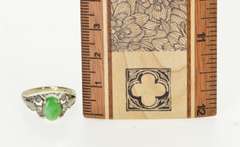 14K White Gold Oval Jade Diamond Accent Ornate Scroll Design Ring