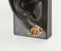 14K Yellow Gold Pear Ruby Diamond Fanned Cluster Fashion Earrings