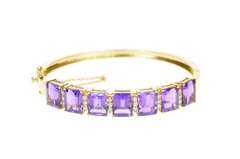 14K Yellow Gold Emerald Cut Amethyst Diamond Inset Bangle Bracelet