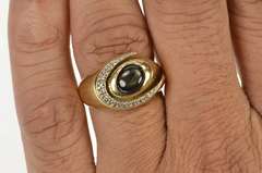 14K Yellow Gold Retro Black Star Sapphire Diamond Statement Ring
