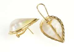 14K Yellow Gold Pear Baroque Pearl Scalloped Trim French Clip Earrings