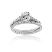 Sterling Silver Round CZ Bridal Engagement Ring Set