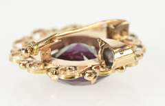 10K Yellow Gold Retro Round Scroll Trim Amethyst Statement Pendant/Pin