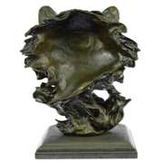 Wolf Head Bust Wild Life Figurine Marble Base Bronze Statue