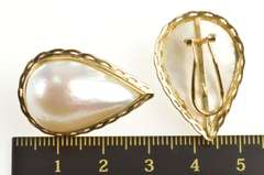 14K Yellow Gold Pear Baroque Pearl Scalloped Trim French Clip Earrings
