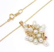 Fantastic 14kt YG Pearl, Ruby, and Diamond Accent Cluster Necklace