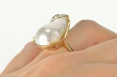 14K Yellow Gold Pear Pearl Diamond Accent Retro Statement Ring